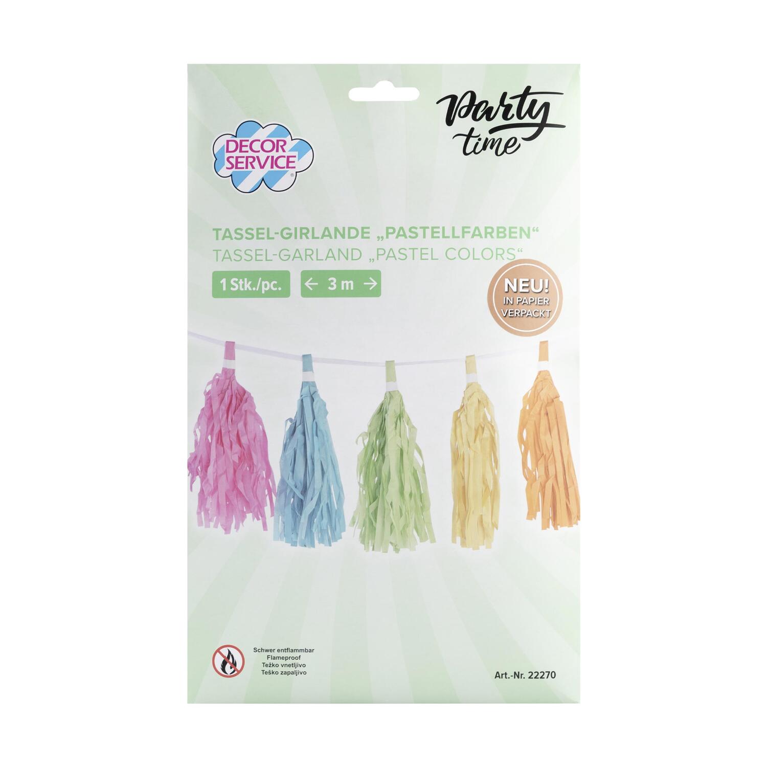 Tassel-Girlande Pastellfarben aus Papier schwer entflammbar 3m, 1 Stk.